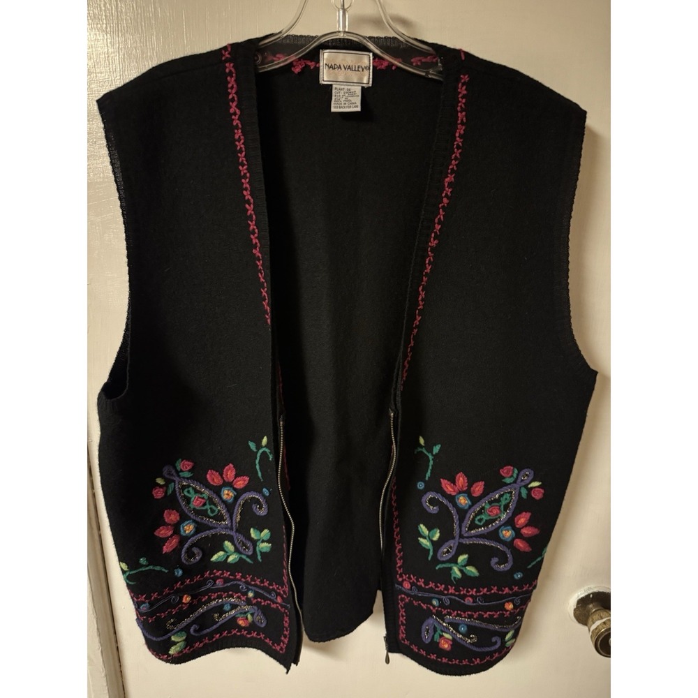 Vntg Napa Valley 100% Wool Embroidered Zip Cardigan Size M